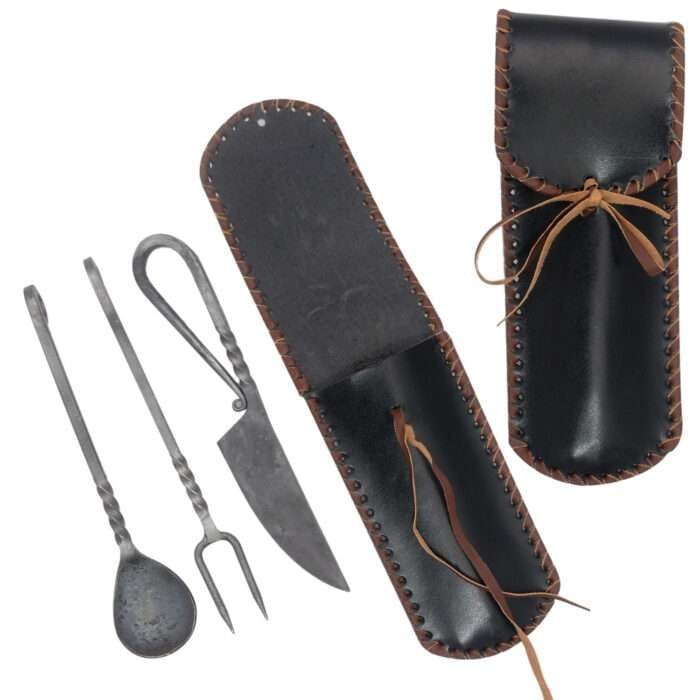 DS02f Medieval Inspired Outdoor Camping Dinnerware Utensil Set Leather Carrying Case Included