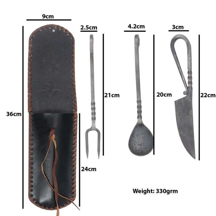 DS02g Medieval Inspired Outdoor Camping Dinnerware Utensil Set Leather Carrying Case Included
