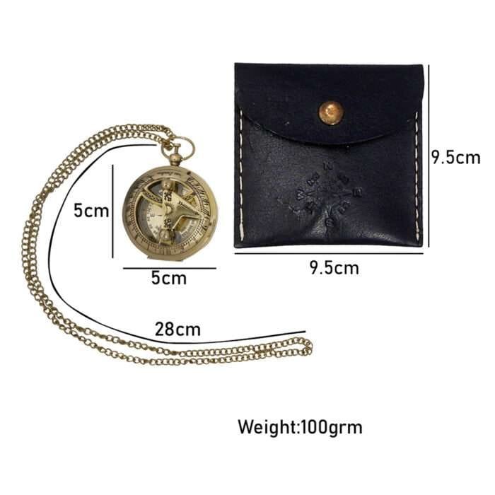MRN02c Brass Sundial Compass Solid Brass Pocket Sundial Vintage Steampunk Accessary Home Decor Gift with Leather Bag with Chain