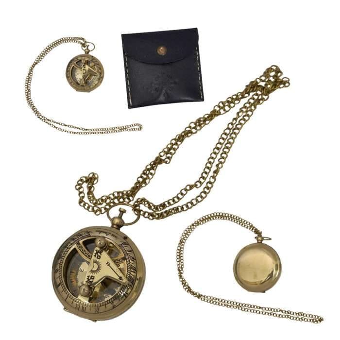 MRN02d Brass Sundial Compass Solid Brass Pocket Sundial Vintage Steampunk Accessary Home Decor Gift with Leather Bag with Chain
