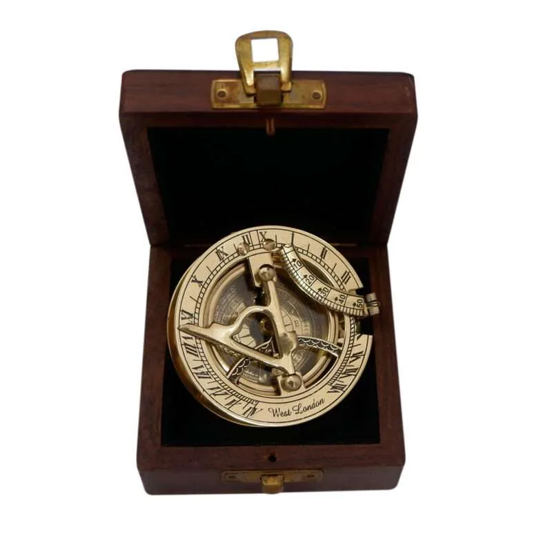 MRN05 Authentic Wintage Style Brass Pocket Sun Dial Campass with Wooden Case Decor Collection Nautical Ite