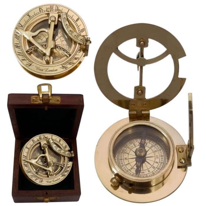 MRN05e Authentic Wintage Style Brass Pocket Sun Dial Campass with Wooden Case Decor Collection Nautical Ite