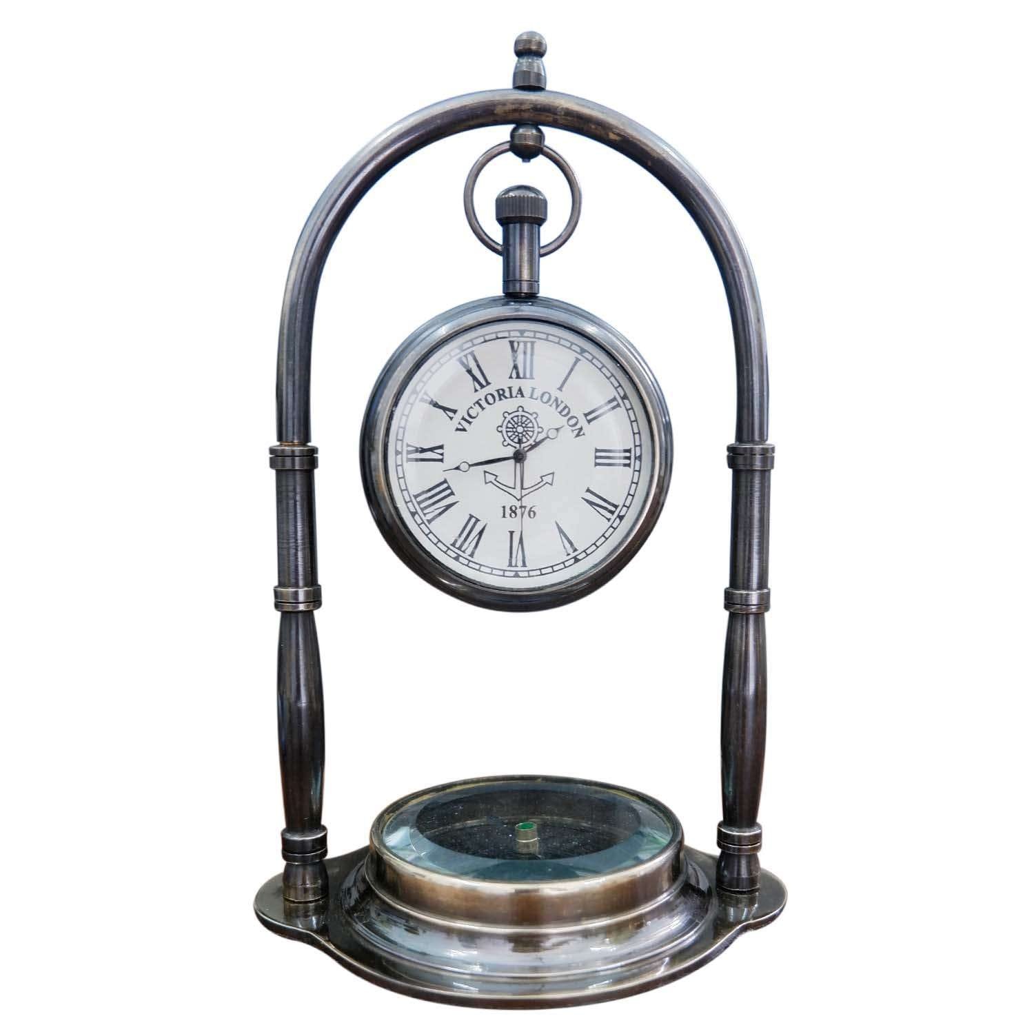 NT07 Nautical Desk Clock Brass Compass With Antique Victoria London Hanging Watch NT07 Nautical Desk Clock Brass Compass With Antique Victoria London Hanging Watch