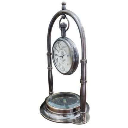 NT07a Nautical Desk Clock Brass Compass With Antique Victoria London Hanging Watch