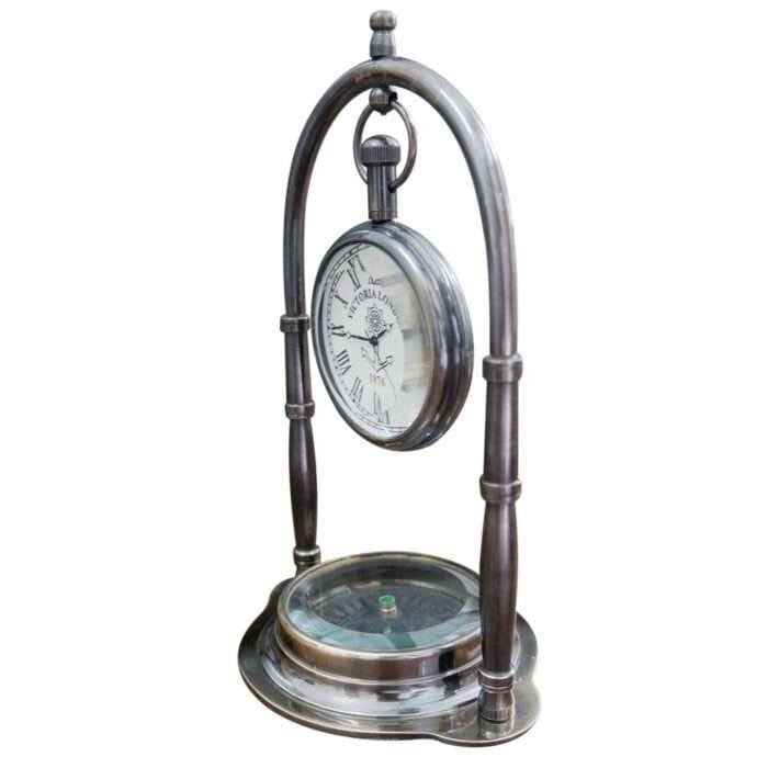 NT07a Nautical Desk Clock Brass Compass With Antique Victoria London Hanging Watch