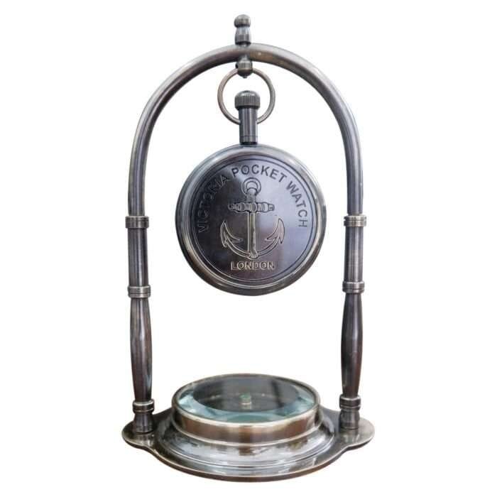 NT07b Nautical Desk Clock Brass Compass With Antique Victoria London Hanging Watch