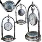 NT07e Nautical Desk Clock Brass Compass With Antique Victoria London Hanging Watch