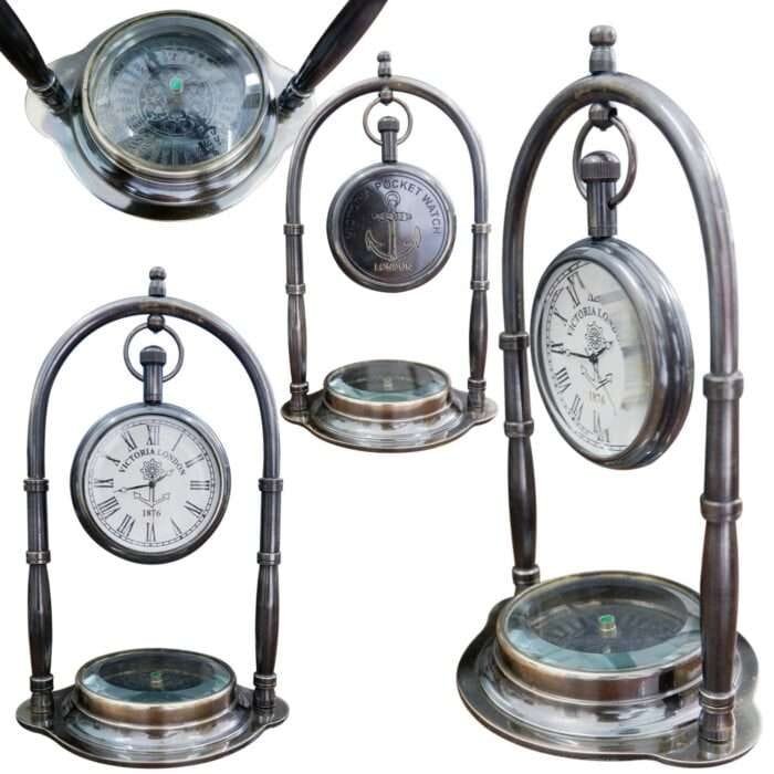 NT07e Nautical Desk Clock Brass Compass With Antique Victoria London Hanging Watch