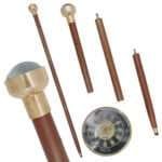 NT12f Antique Brass Compass On Top Head Handle Brown Wood Walking Stick